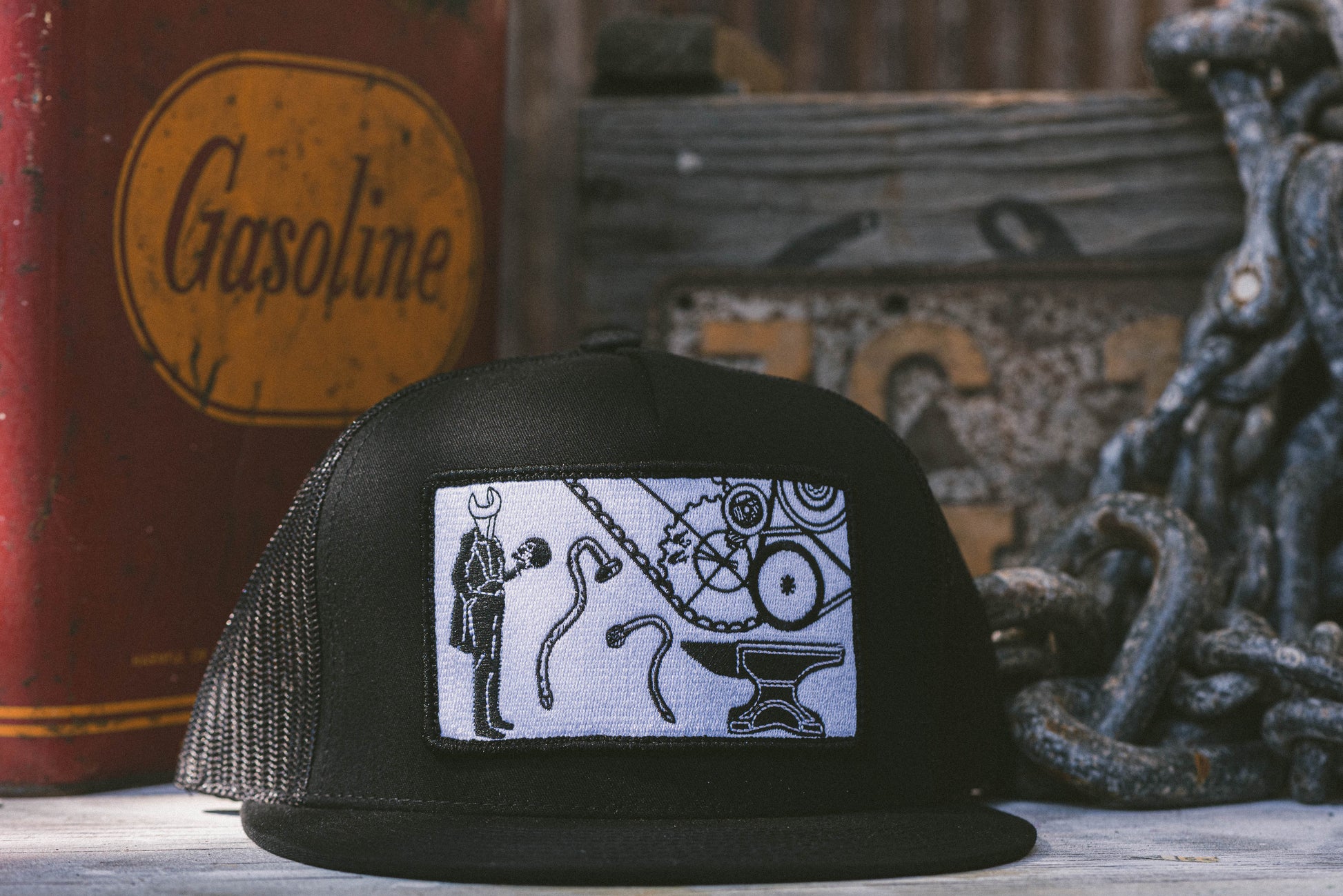 Black trucker hat with white patch